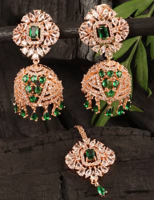 Rose Gold Plated Hydro Green Stone Jhumka with Tikka 216ED700 1