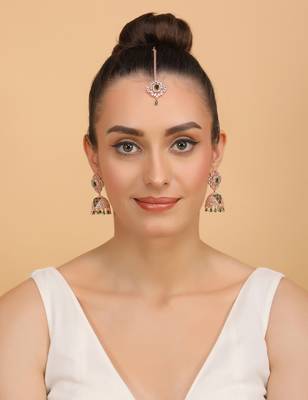 Rose Gold Plated Hydro Green Stone Jhumka with Tikka 216ED700 3