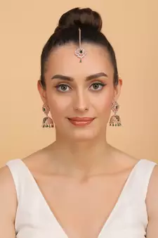 Rose Gold Plated Hydro Green Stone Jhumka with Tikka 216ED700