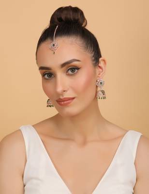 Rose Gold Plated Hydro Green Stone Jhumka with Tikka 216ED700 4
