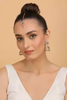 Rose Gold Plated Hydro Green Stone Jhumka with Tikka 216ED700