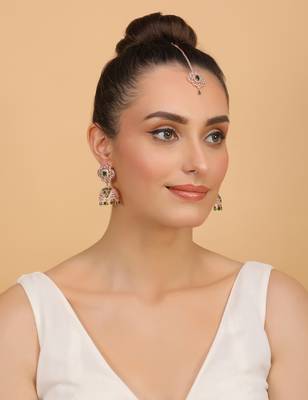 Rose Gold Plated Hydro Green Stone Jhumka with Tikka 216ED700 5