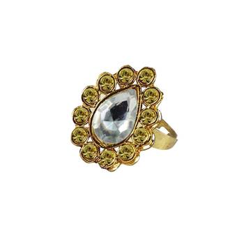 Brass Gold Platted  Green Stone Studded  Ring With Adjustable 1