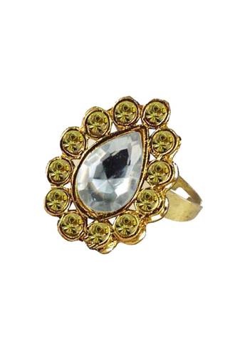 Brass Gold Platted  Green Stone Studded  Ring With Adjustable