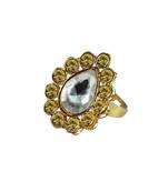 Brass Gold Platted  Green Stone Studded  Ring With Adjustable