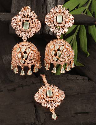 Rose Gold Plated Mint Stone Jhumka with Tikka 216ED701 1