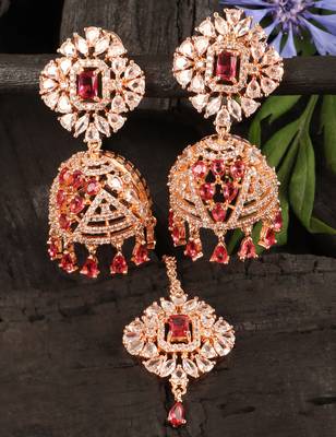 Rose Gold Plated Hydro Ruby Stone Jhumka with Tikka 216ED702 1