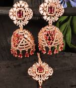 Rose Gold Plated Hydro Ruby Stone Jhumka with Tikka 216ED702