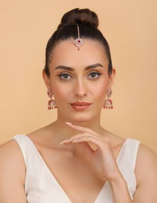 Rose Gold Plated Hydro Ruby Stone Jhumka with Tikka 216ED702 2