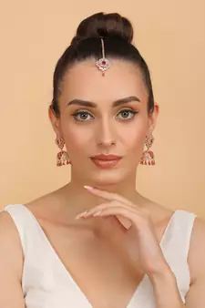 Rose Gold Plated Hydro Ruby Stone Jhumka with Tikka 216ED702