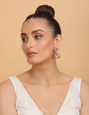 Rose Gold Plated Hydro Ruby Stone Jhumka with Tikka 216ED702 3