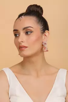 Rose Gold Plated Hydro Ruby Stone Jhumka with Tikka 216ED702