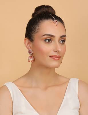 Rose Gold Plated Hydro Ruby Stone Jhumka with Tikka 216ED702 4