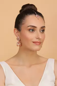 Rose Gold Plated Hydro Ruby Stone Jhumka with Tikka 216ED702