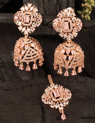 Rose Gold Plated Pink Stone Jhumka with Tikka 216ED703 1
