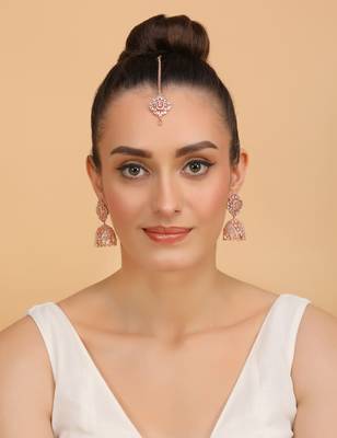 Rose Gold Plated Pink Stone Jhumka with Tikka 216ED703 2