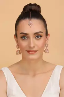 Rose Gold Plated Pink Stone Jhumka with Tikka 216ED703