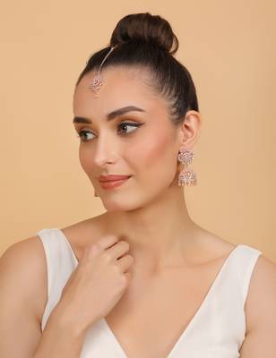 Rose Gold Plated Pink Stone Jhumka with Tikka 216ED703 3
