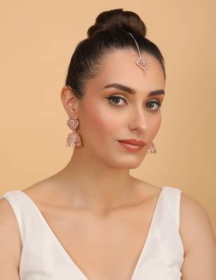 Rose Gold Plated Pink Stone Jhumka with Tikka 216ED703 4