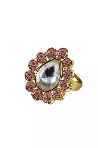 Brass Gold Platted  Pink Stone Studded  Ring With Adjustable