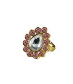 Brass Gold Platted  Pink Stone Studded  Ring With Adjustable
