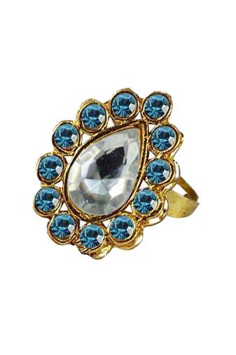 Brass Gold Platted  Blue Stone Studded  Ring With Adjustable