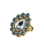 Brass Gold Platted  Blue Stone Studded  Ring With Adjustable