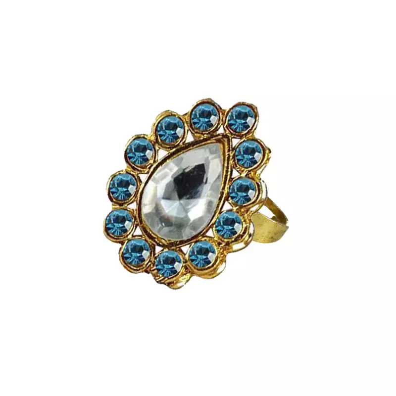 Brass Gold Platted  Blue Stone Studded  Ring With Adjustable