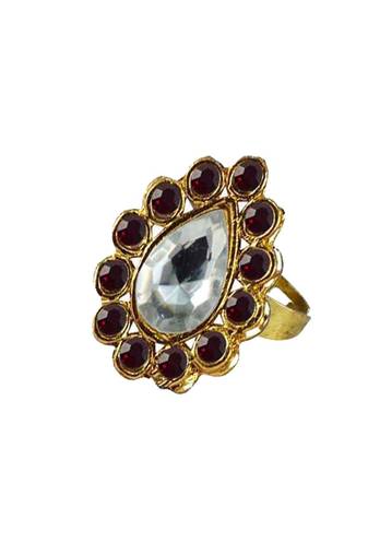 Brass Gold Platted  Maroon Stone Studded  Ring With Adjustable