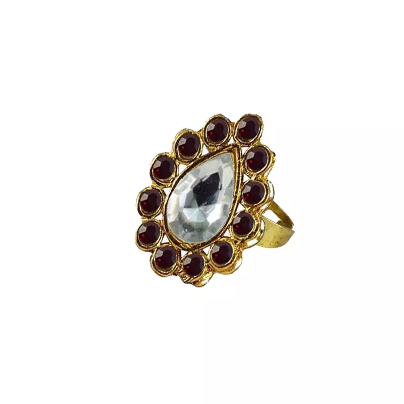 Brass Gold Platted  Maroon Stone Studded  Ring With Adjustable