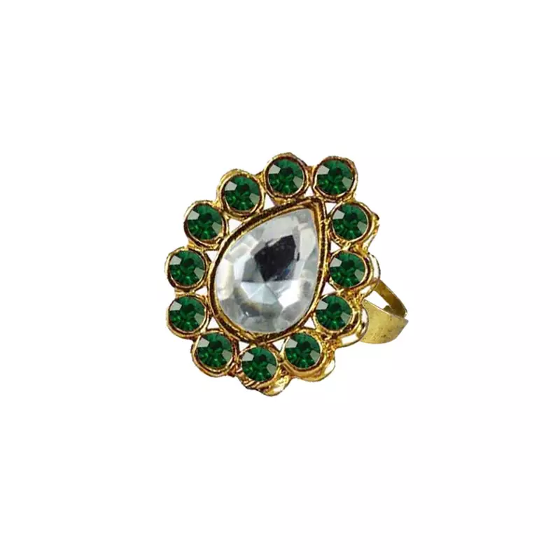 Brass Gold Platted  Green Stone Studded  Ring With Adjustable