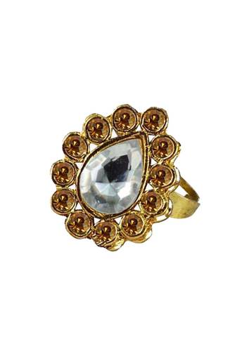 Brass Gold Platted  Golden Stone Studded  Ring With Adjustable