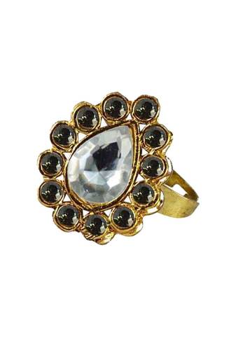 Brass Gold Platted  Green Stone Studded  Ring With Adjustable