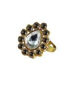Brass Gold Platted  Green Stone Studded  Ring With Adjustable