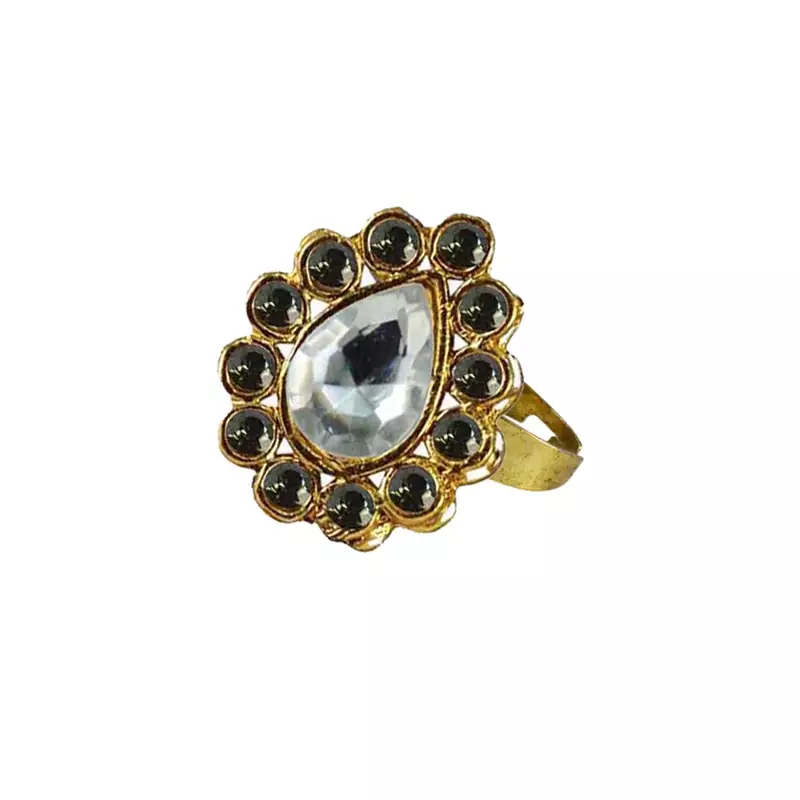Brass Gold Platted  Green Stone Studded  Ring With Adjustable