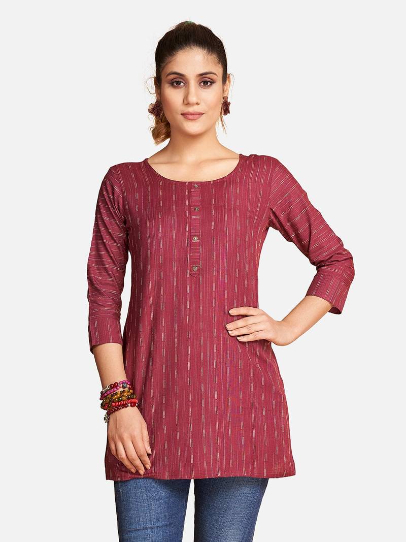 Wonderful Maroon Blended Cotton Short Kurti Top