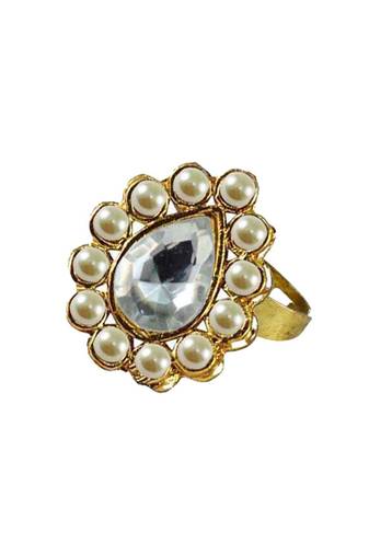 Brass Gold Platted  White Stone Studded  Ring With Adjustable