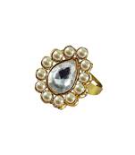 Brass Gold Platted  White Stone Studded  Ring With Adjustable