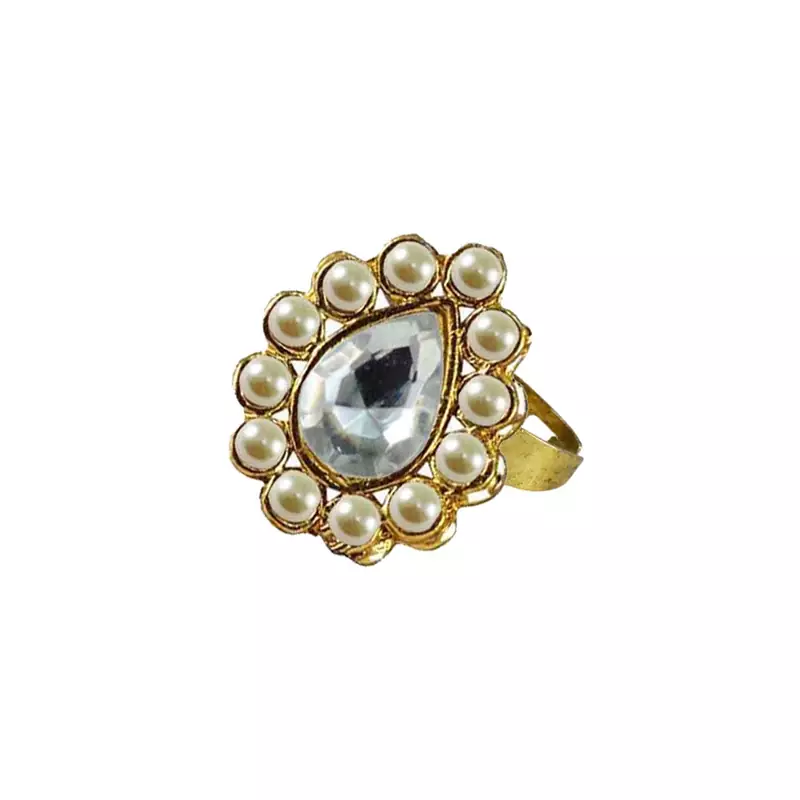 Brass Gold Platted  White Stone Studded  Ring With Adjustable