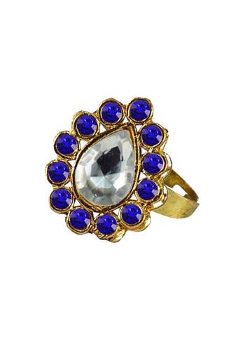 Brass Gold Platted  Blue Stone Studded  Ring With Adjustable