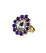 Brass Gold Platted  Blue Stone Studded  Ring With Adjustable