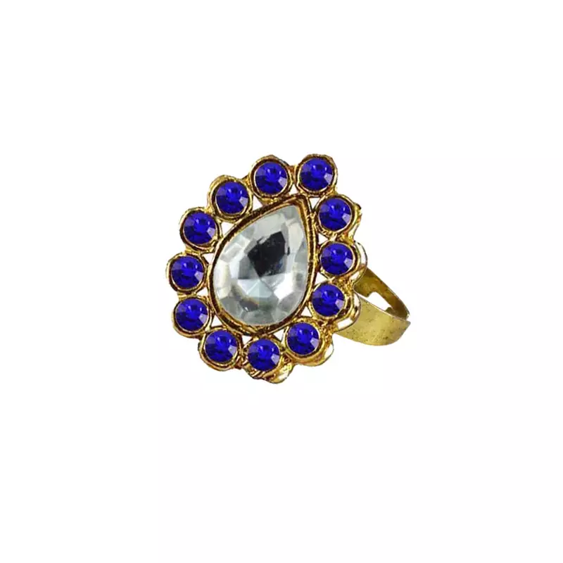 Brass Gold Platted  Blue Stone Studded  Ring With Adjustable