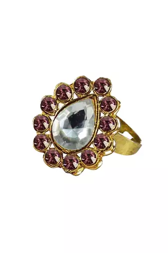Brass Gold Platted  Pink Stone Studded  Ring With Adjustable