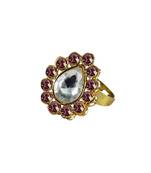 Brass Gold Platted  Pink Stone Studded  Ring With Adjustable
