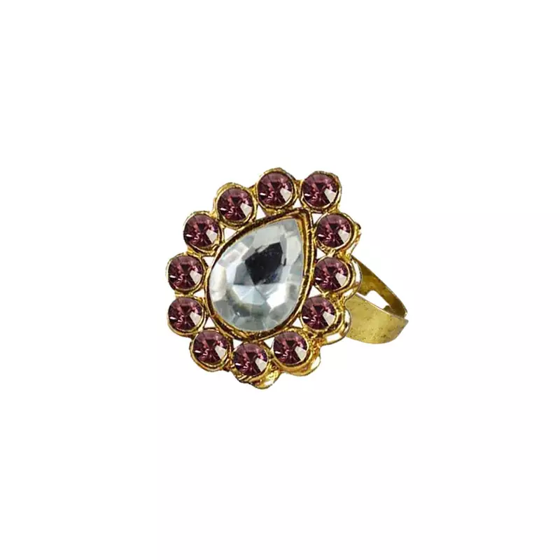 Brass Gold Platted  Pink Stone Studded  Ring With Adjustable