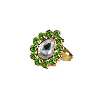 Brass Gold Platted  Green Stone Studded  Ring With Adjustable 1