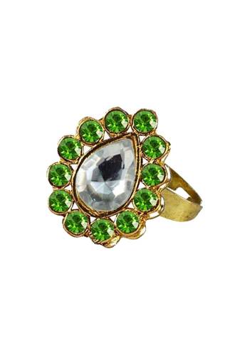 Brass Gold Platted  Green Stone Studded  Ring With Adjustable