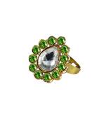 Brass Gold Platted  Green Stone Studded  Ring With Adjustable