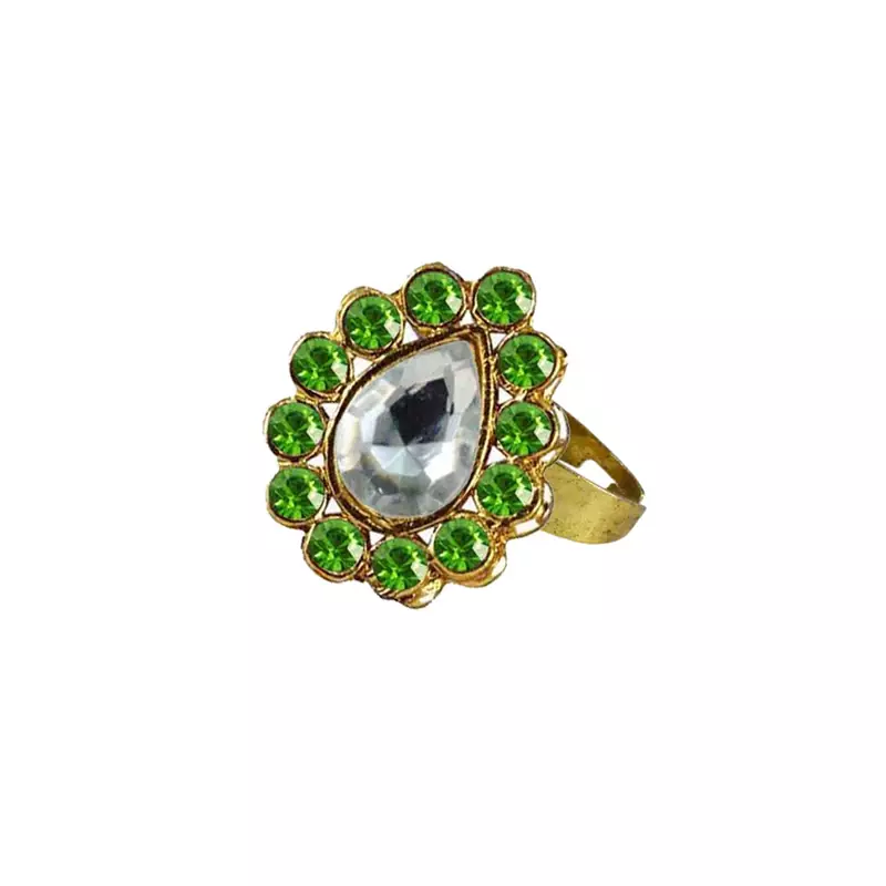 Brass Gold Platted  Green Stone Studded  Ring With Adjustable