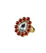 Brass Gold Platted  Red Stone Studded  Ring With Adjustable
